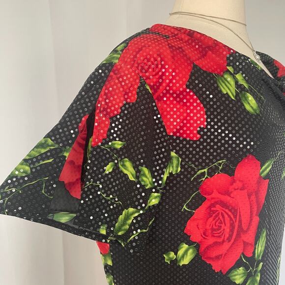Vintage Midi Dress Plus Size 2XL 3XL Black Red Rose Floral Sparkle Romantic Y2K - Picture 4 of 15